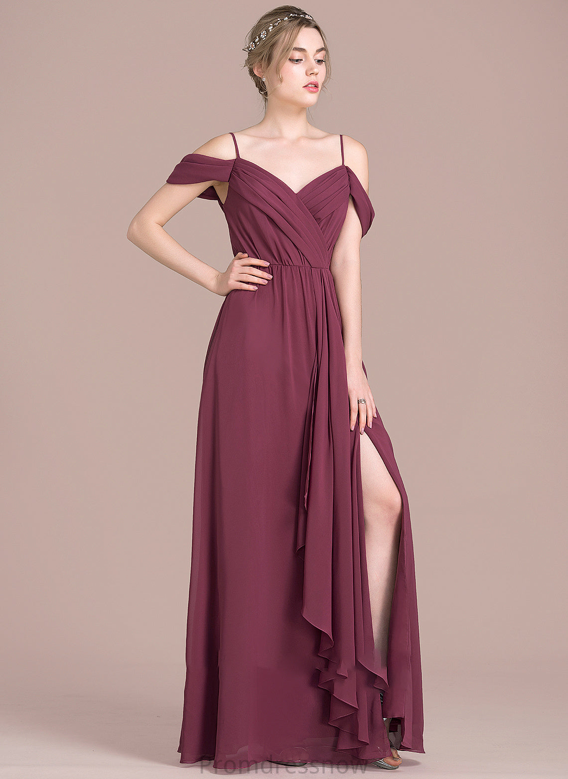 Length SplitFront Floor-Length V-neck A-Line Embellishment Fabric Silhouette CascadingRuffles Bow(s) Neckline Patsy Bridesmaid Dresses