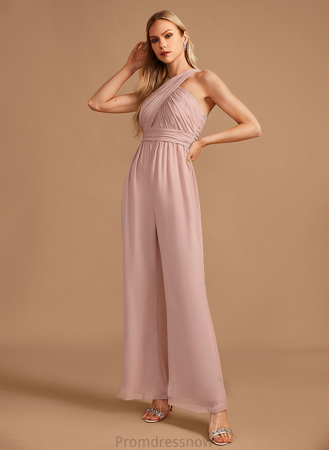 Floor-Length Embellishment Straps HighNeck Length Fabric Pleated Neckline Chaya Sleeveless Natural Waist V-Neck Bridesmaid Dresses