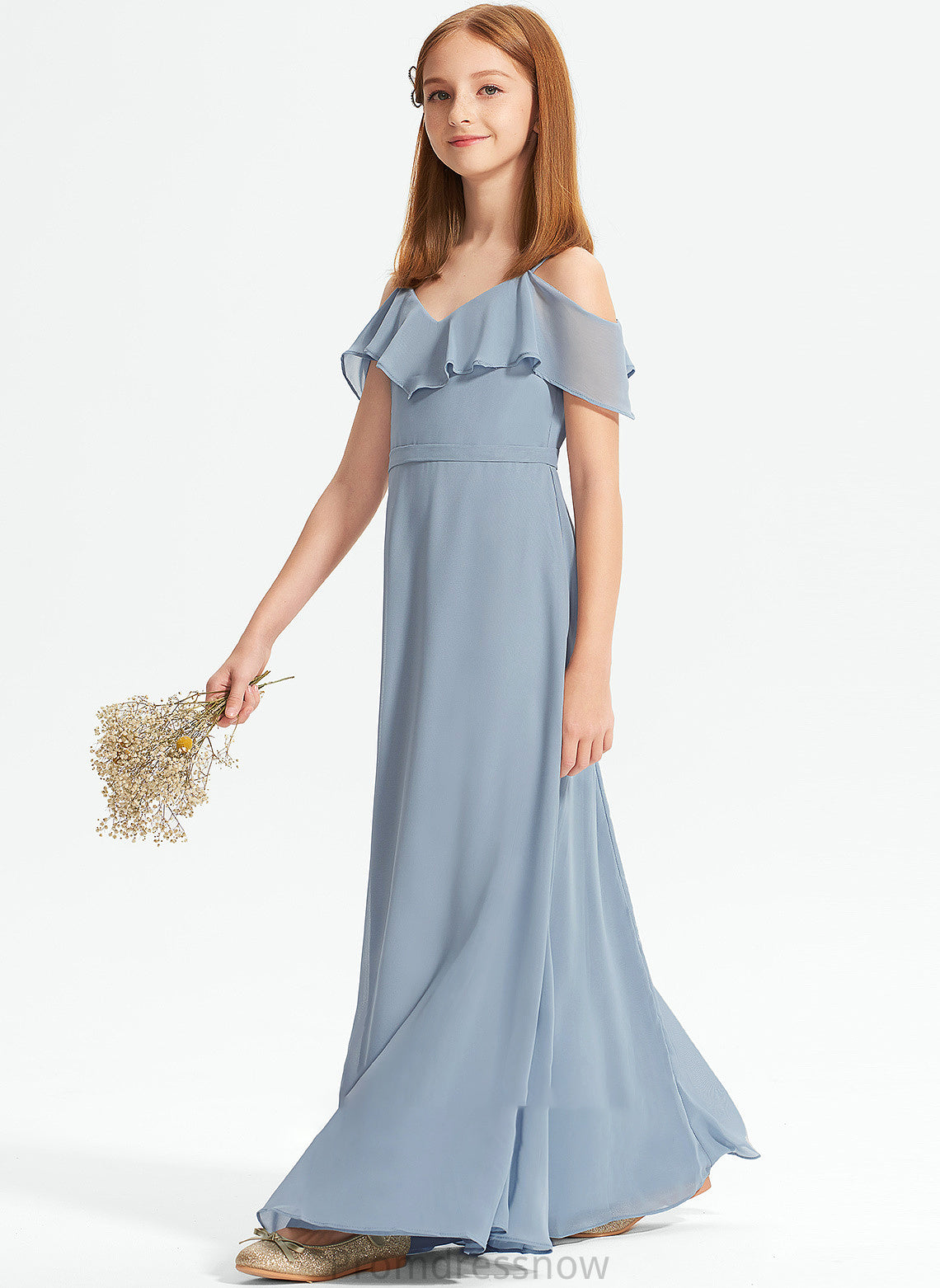 With Junior Bridesmaid Dresses A-Line Off-the-Shoulder Floor-Length Ruffles Chiffon Trinity