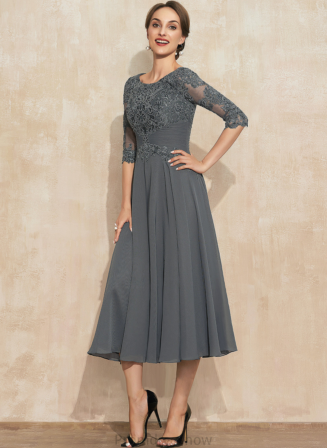 With Scoop A-Line Neck of Tea-Length Marlee Bride Lace Sequins Chiffon Dress the Mother of the Bride Dresses Mother