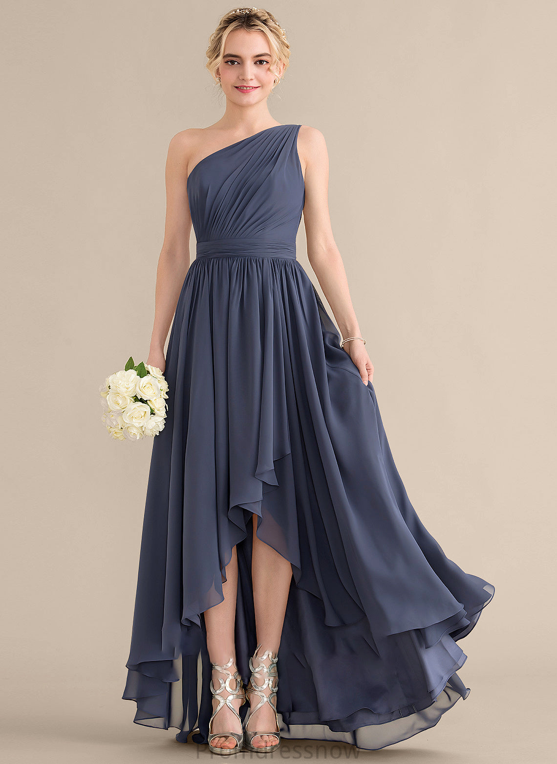 Silhouette Embellishment Neckline Asymmetrical Fabric A-Line One-Shoulder CascadingRuffles Length Yareli Spaghetti Staps Natural Waist Bridesmaid Dresses