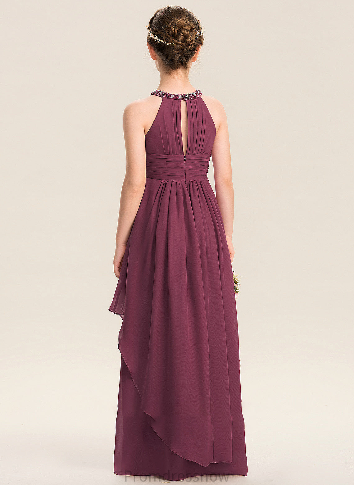 With Rachael Junior Bridesmaid Dresses Scoop A-Line Ruffle Beading Floor-Length Chiffon Neck