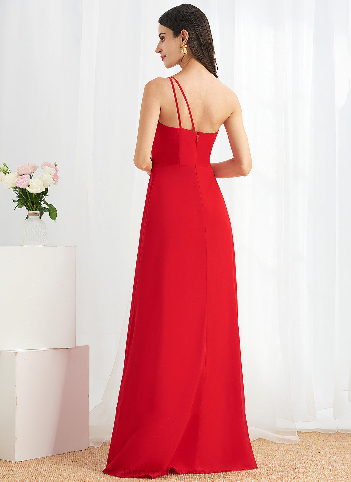 Floor-Length Silhouette One-Shoulder Fabric Length SplitFront A-Line Embellishment Neckline Ruffle Savanna Natural Waist Bridesmaid Dresses