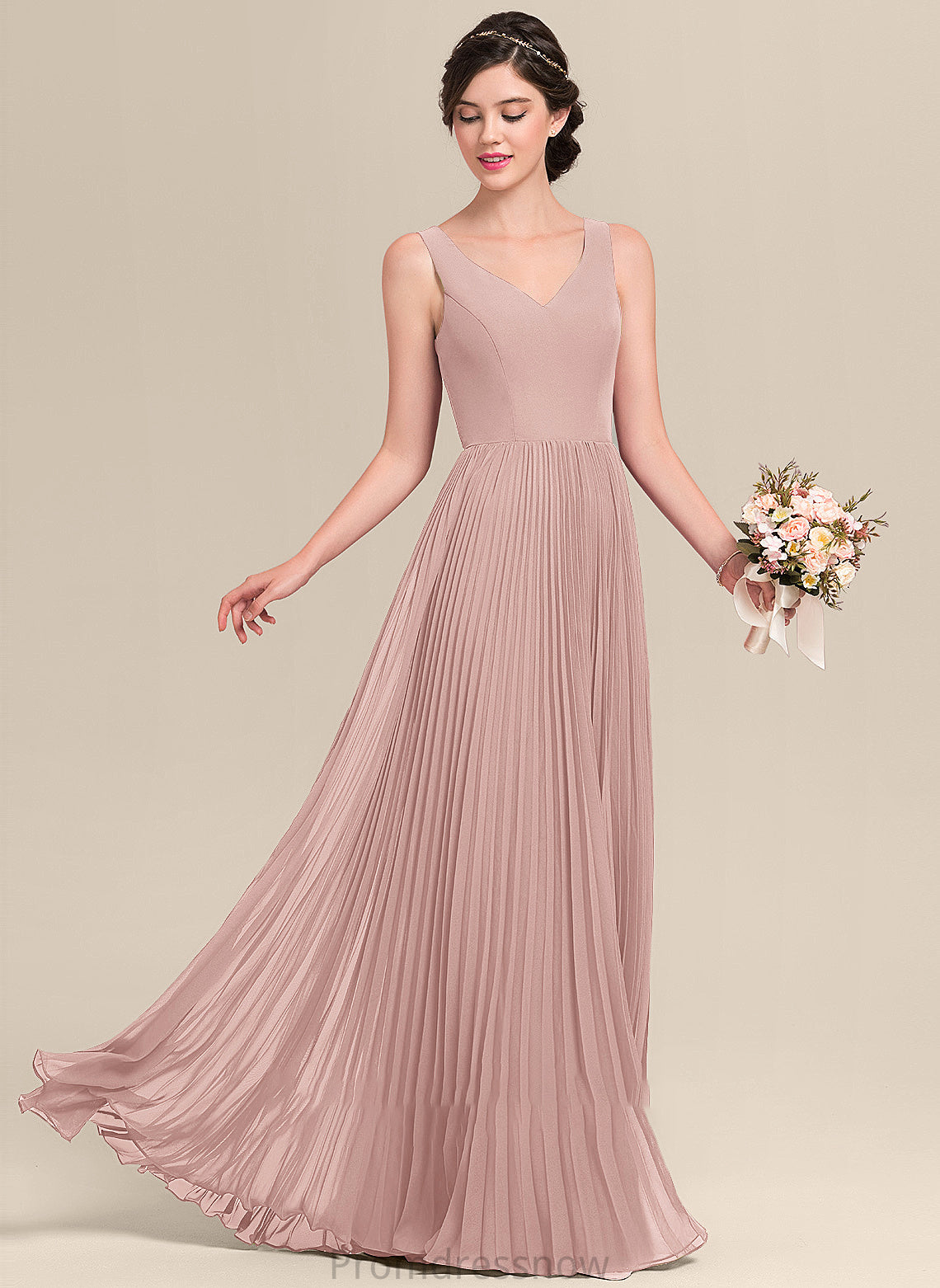 Length Neckline Fabric Silhouette SplitFront Embellishment A-Line V-neck Pleated Floor-Length Kay Natural Waist Bridesmaid Dresses