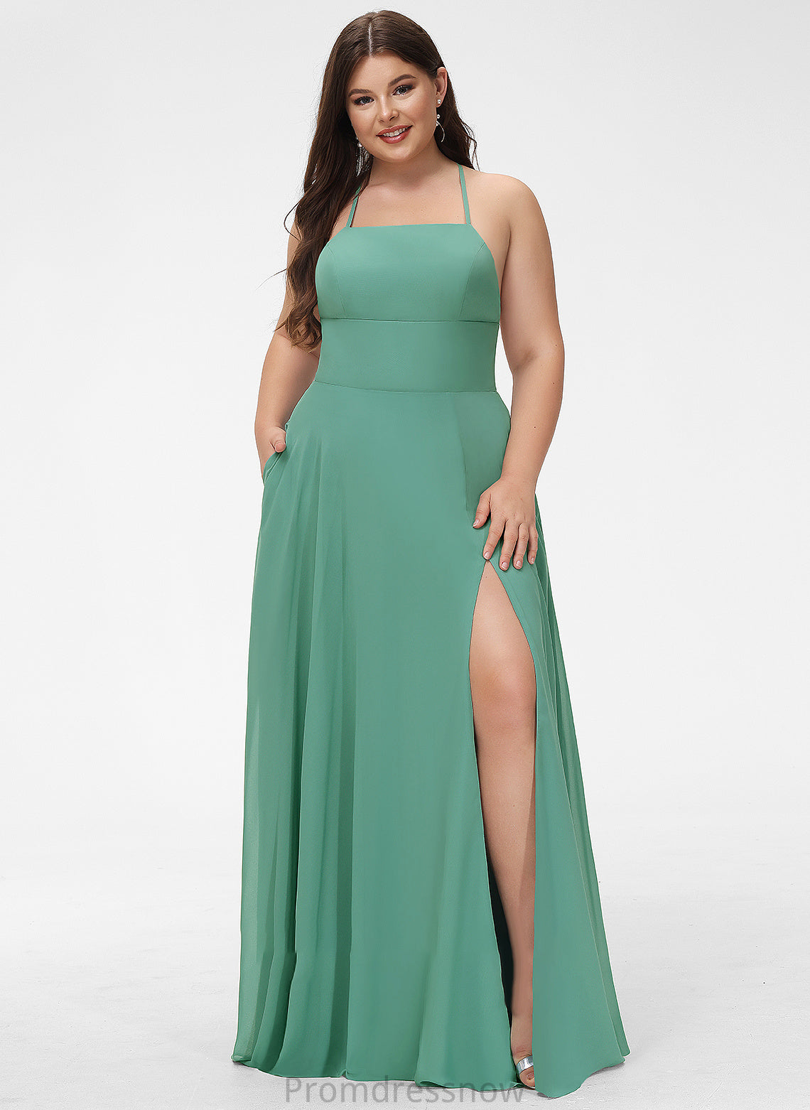 With Square Prom Dresses Pockets Janiyah Floor-Length A-Line Chiffon Split Neckline Front