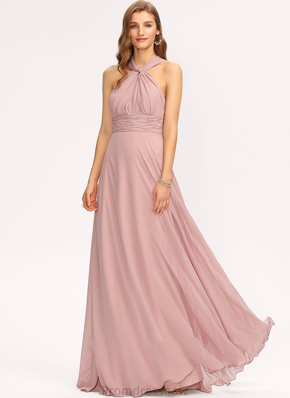 One-Shoulder Embellishment V-neck A-Line Fabric Floor-Length Halter Length Ruffle Silhouette Neckline Ada Bridesmaid Dresses