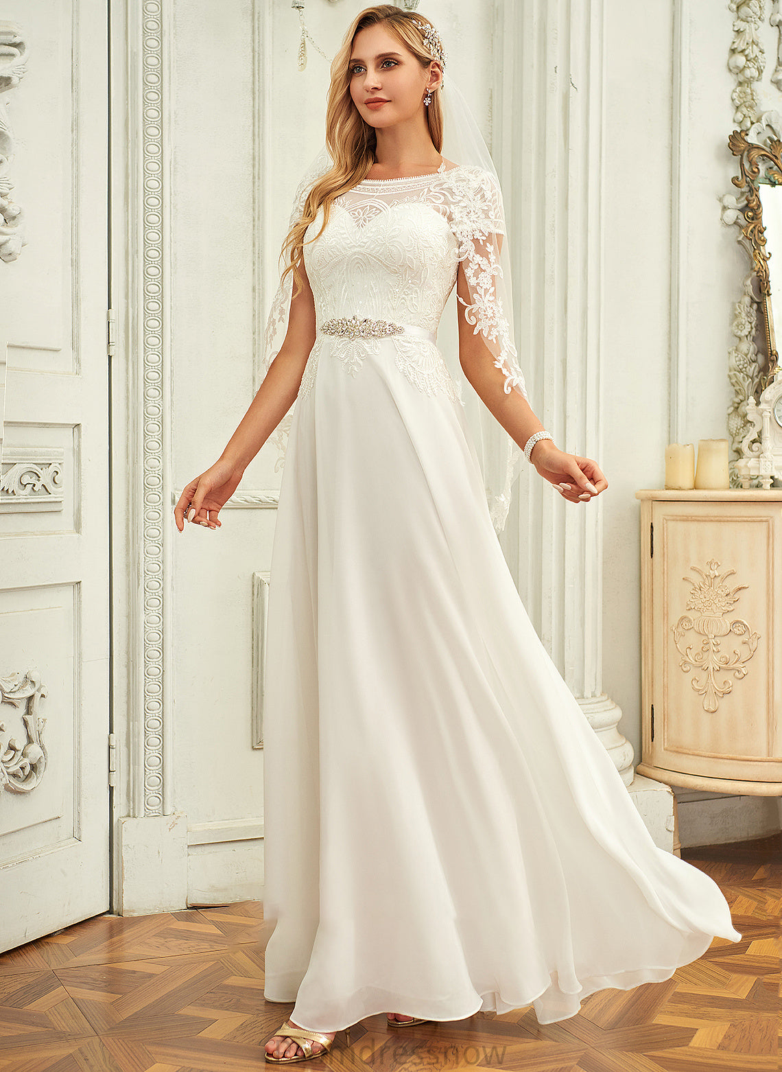 With A-Line Neck Lace Chiffon Wedding Wedding Dresses Floor-Length Daniela Sequins Scoop Dress