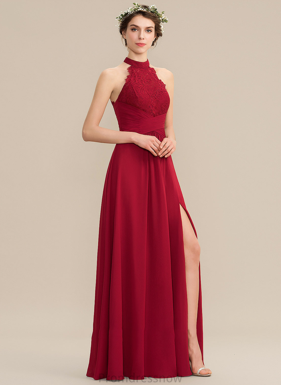 Floor-Length Fabric Ruffle SplitFront HighNeck Length Silhouette Neckline A-Line Embellishment Crystal Knee Length Bridesmaid Dresses