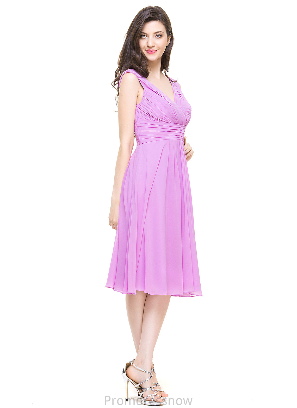 V-neck Silhouette Embellishment A-Line Length Neckline Knee-Length Fabric Ruffle Cameron Spaghetti Staps Sleeveless Bridesmaid Dresses