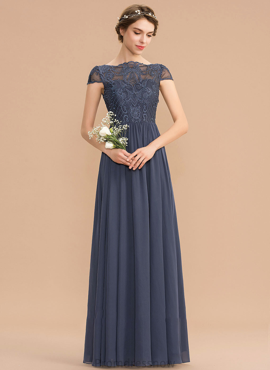 A-Line Silhouette Fabric Neckline Lace Floor-Length Length Straps ScoopNeck Frederica Natural Waist V-Neck Bridesmaid Dresses