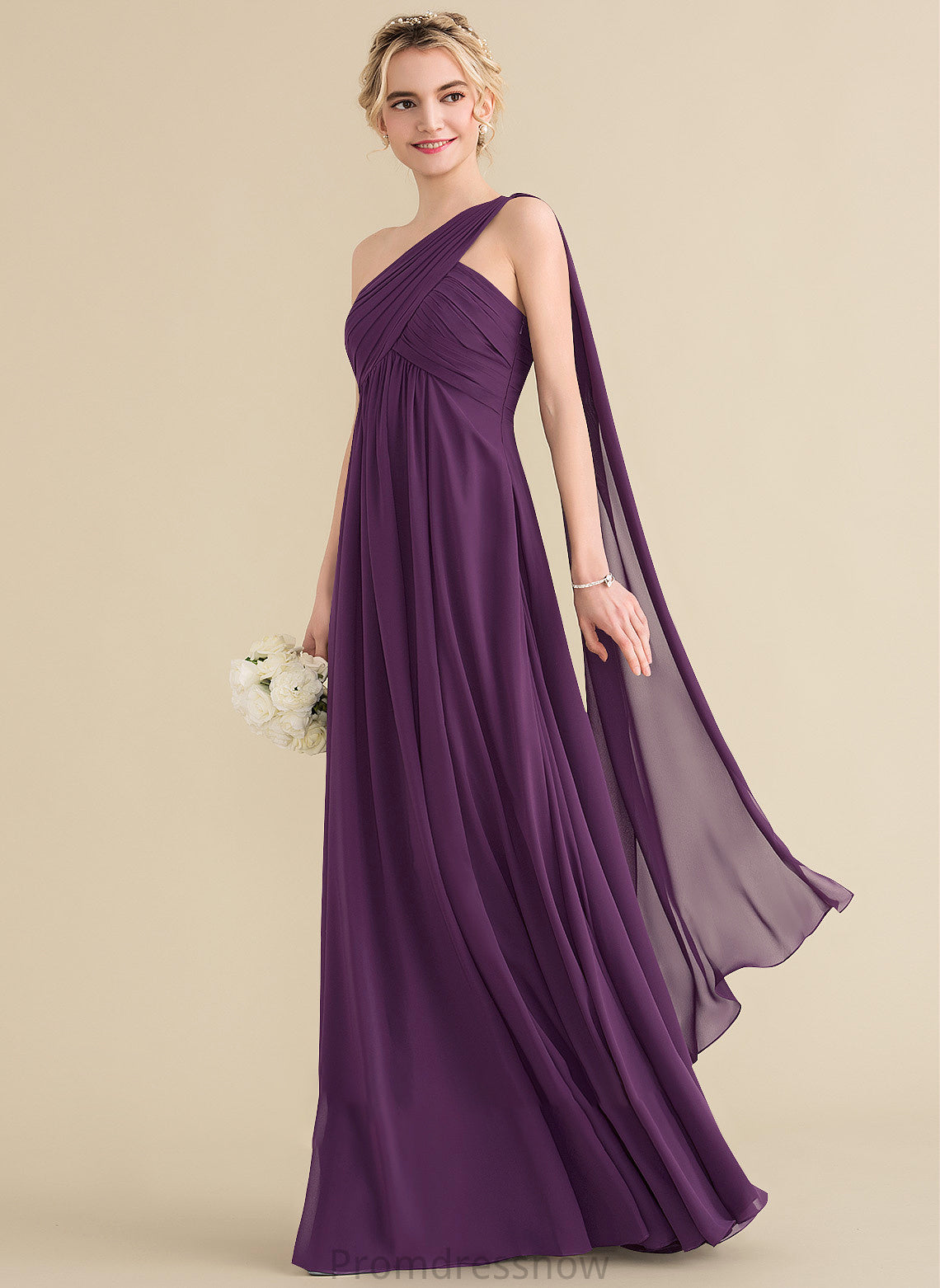 Silhouette Floor-Length Fabric One-Shoulder Length A-Line Neckline Ruffle Embellishment Alena Sleeveless Spaghetti Staps Bridesmaid Dresses