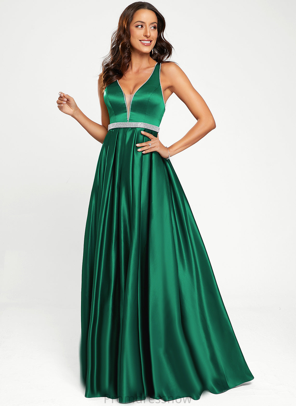 With Beading A-Line Floor-Length Prom Dresses V-neck Jazmin Satin