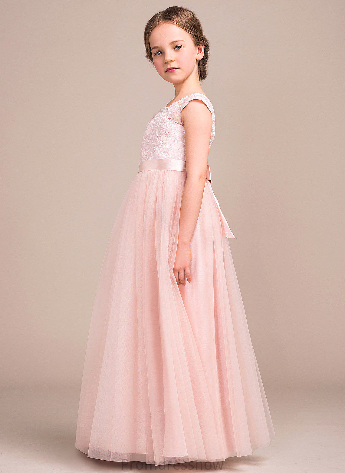 With Scoop Bow(s) A-Line Tulle Parker Floor-Length Lace Neck Junior Bridesmaid Dresses