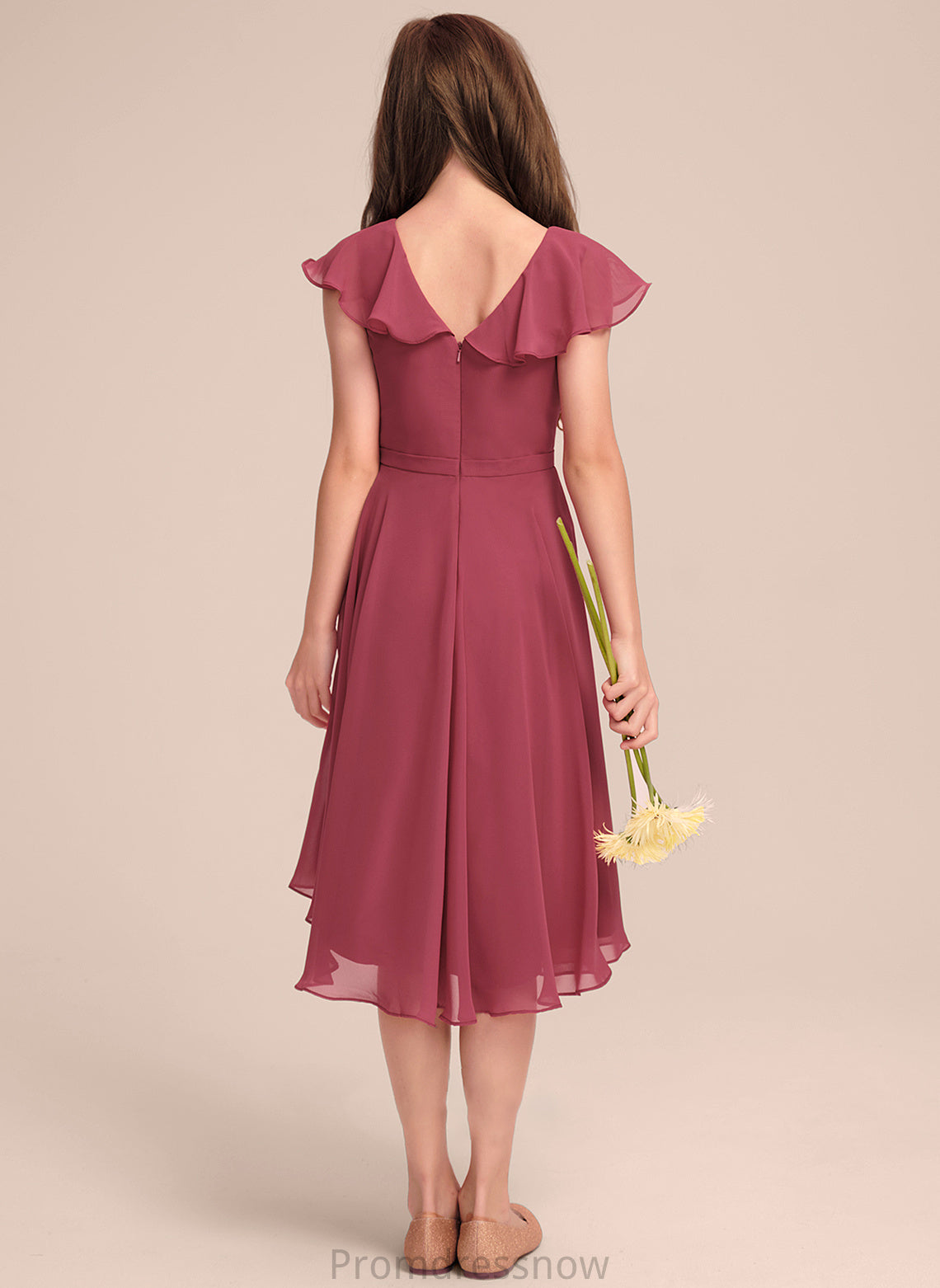 Ashleigh Asymmetrical Junior Bridesmaid Dresses V-neck A-Line With Chiffon Cascading Ruffles