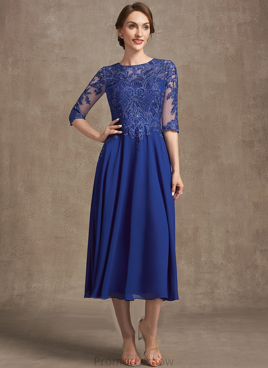 With Mother Macy Chiffon Dress Scoop Lace Sequins Bride the Mother of the Bride Dresses of Tea-Length Neck A-Line