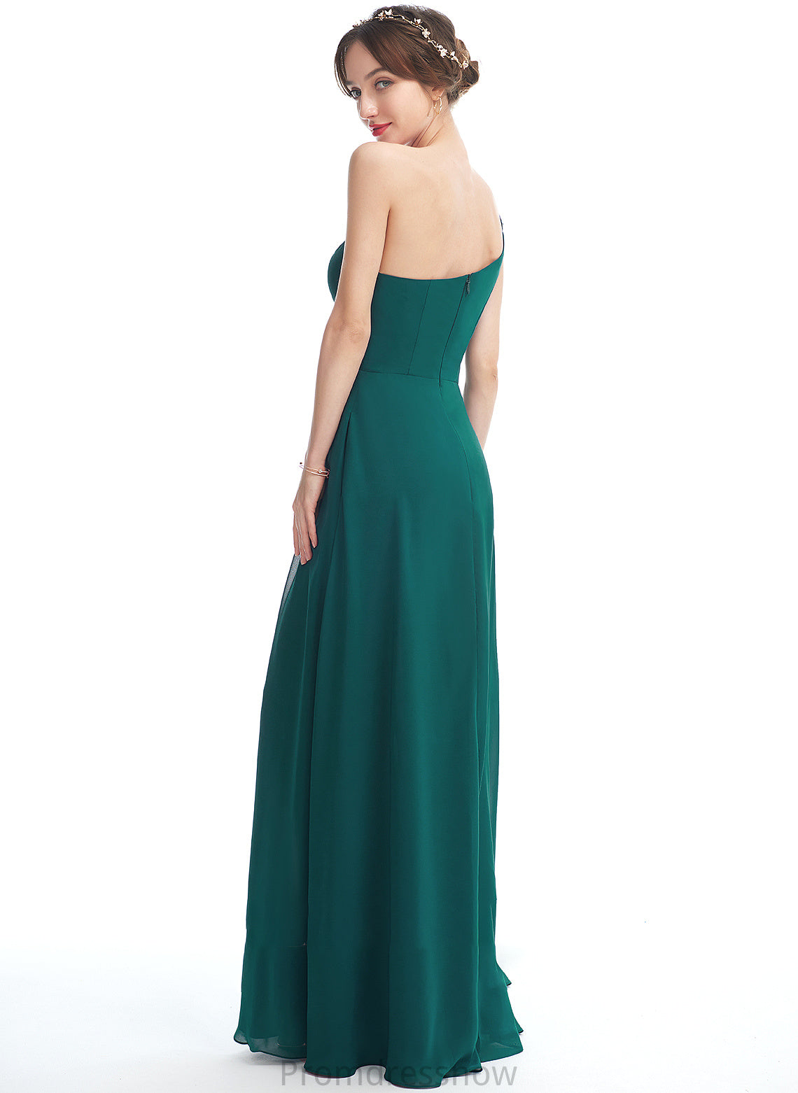 Floor-Length Neckline SplitFront Embellishment One-Shoulder Silhouette A-Line Pockets Fabric Length Thea Sleeveless Bridesmaid Dresses