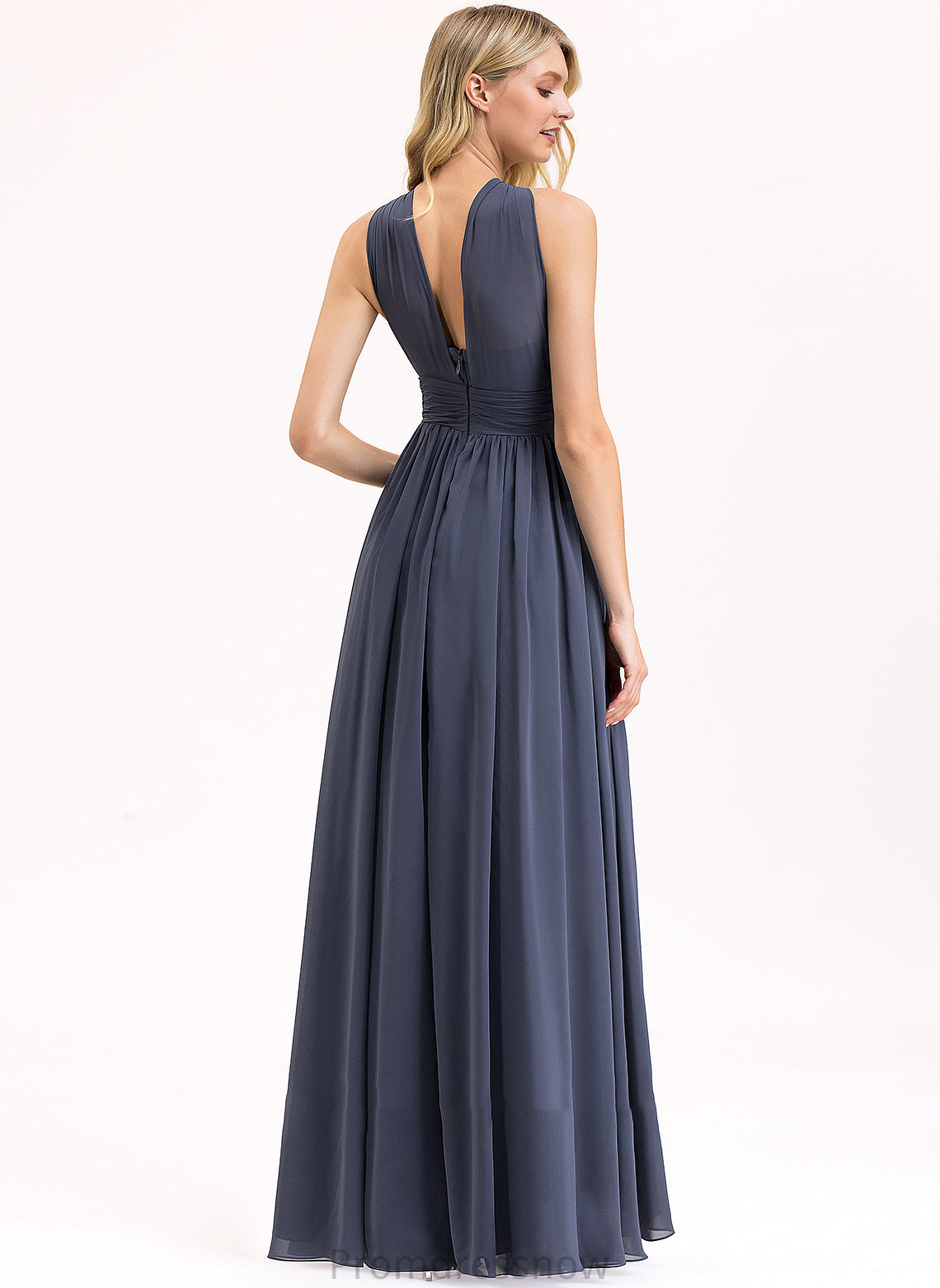 Silhouette A-Line Fabric SplitFront Embellishment Length Ruffle Floor-Length V-neck Neckline Miya Natural Waist Bridesmaid Dresses