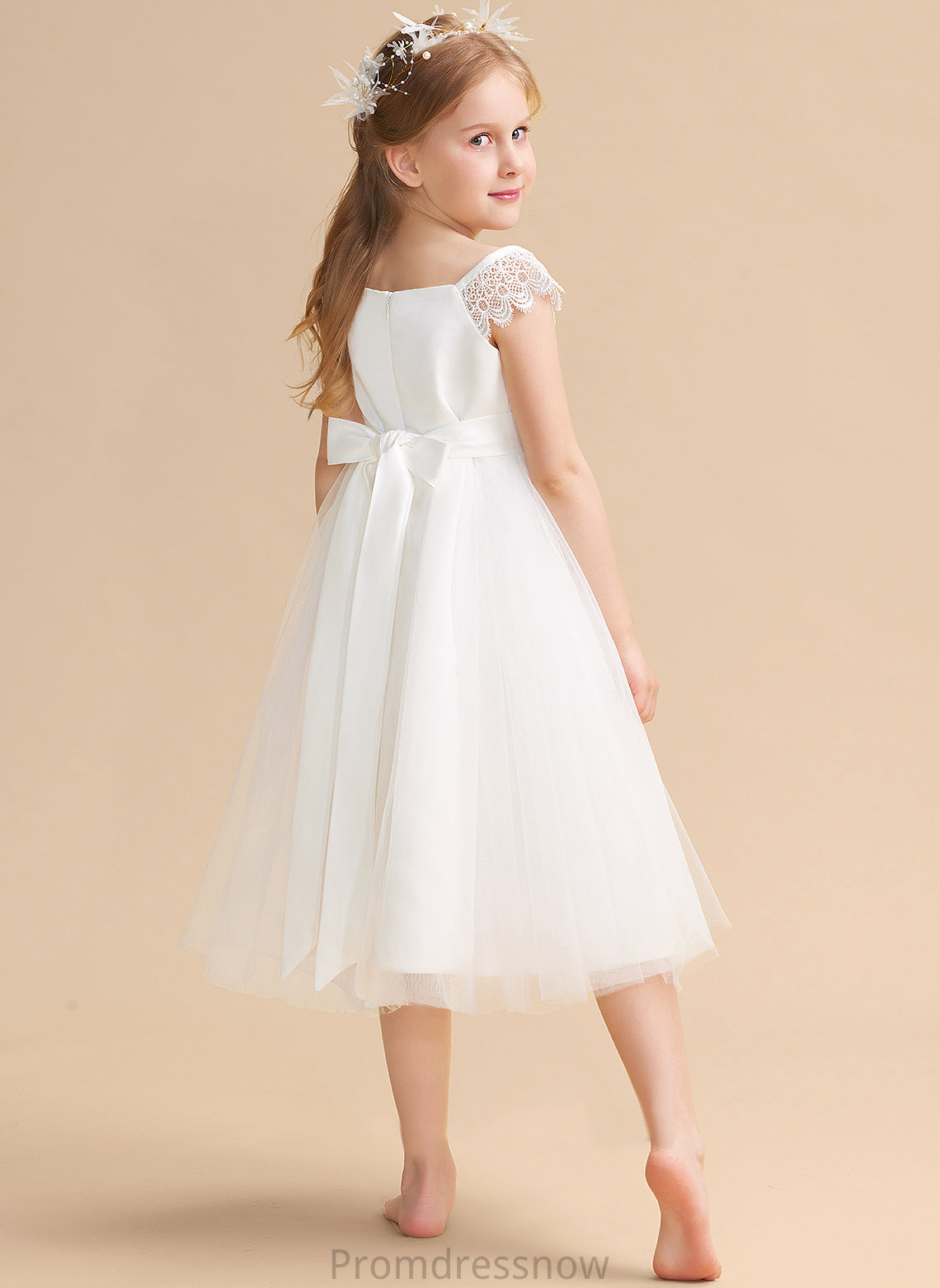 Dress Neckline - Flower Girl Dresses Girl Square Lace/Sash Satin/Tulle Flower Sleeveless With A-Line Tea-length Stacy