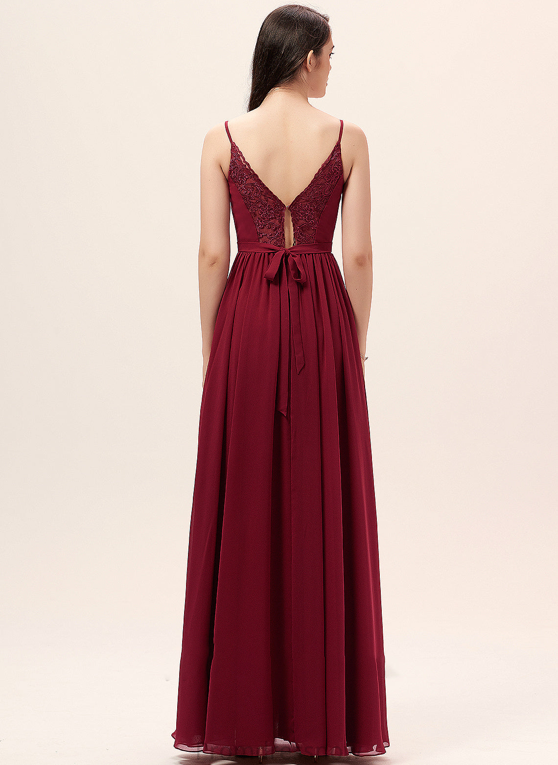 Neckline A-Line Lace V-neck Embellishment Silhouette Fabric Ruffle Floor-Length Length Scarlet Sleeveless Bridesmaid Dresses