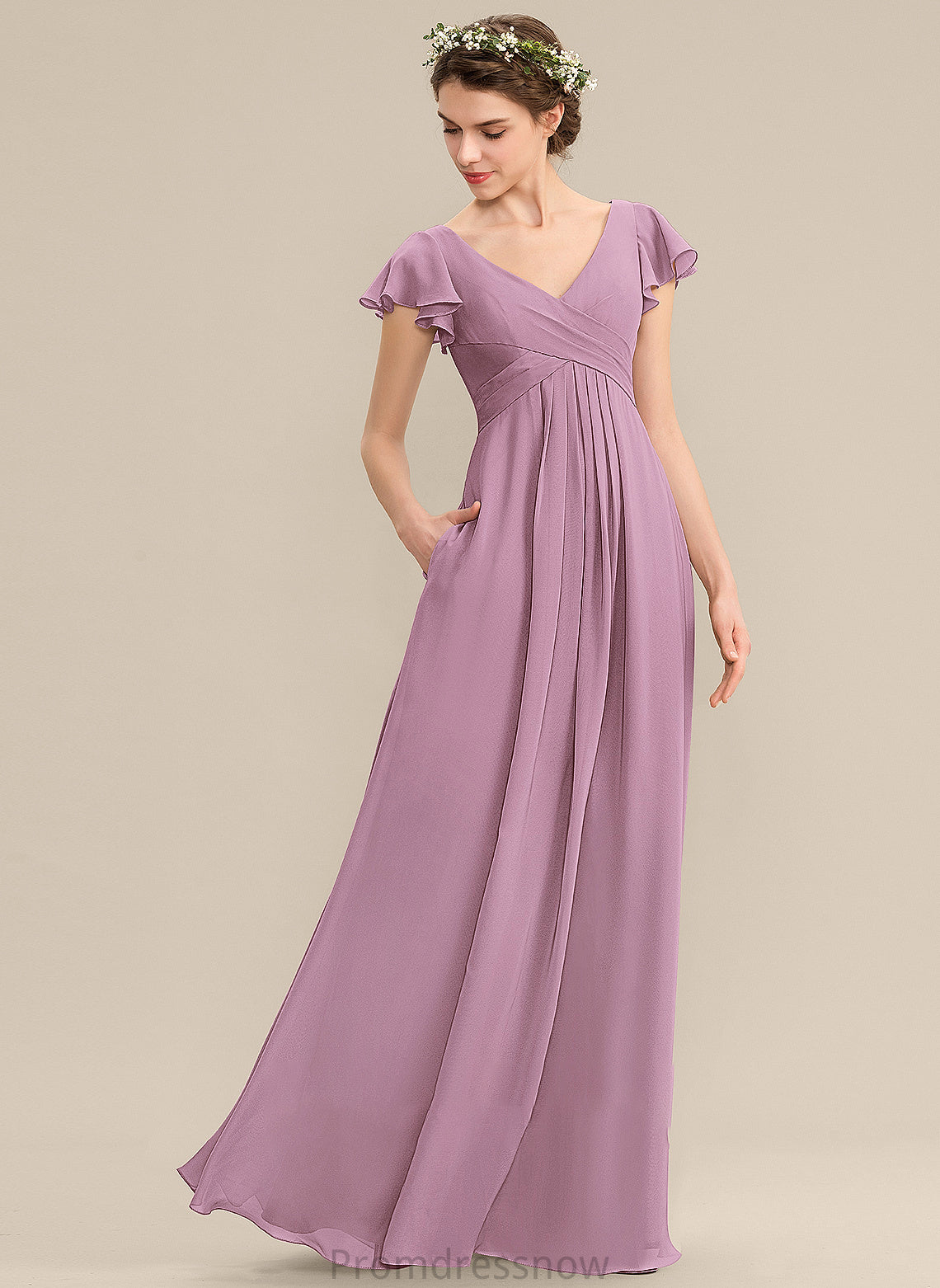 A-Line CascadingRuffles Pockets Neckline Silhouette Fabric Length V-neck Embellishment Floor-Length Kenzie A-Line/Princess Bridesmaid Dresses