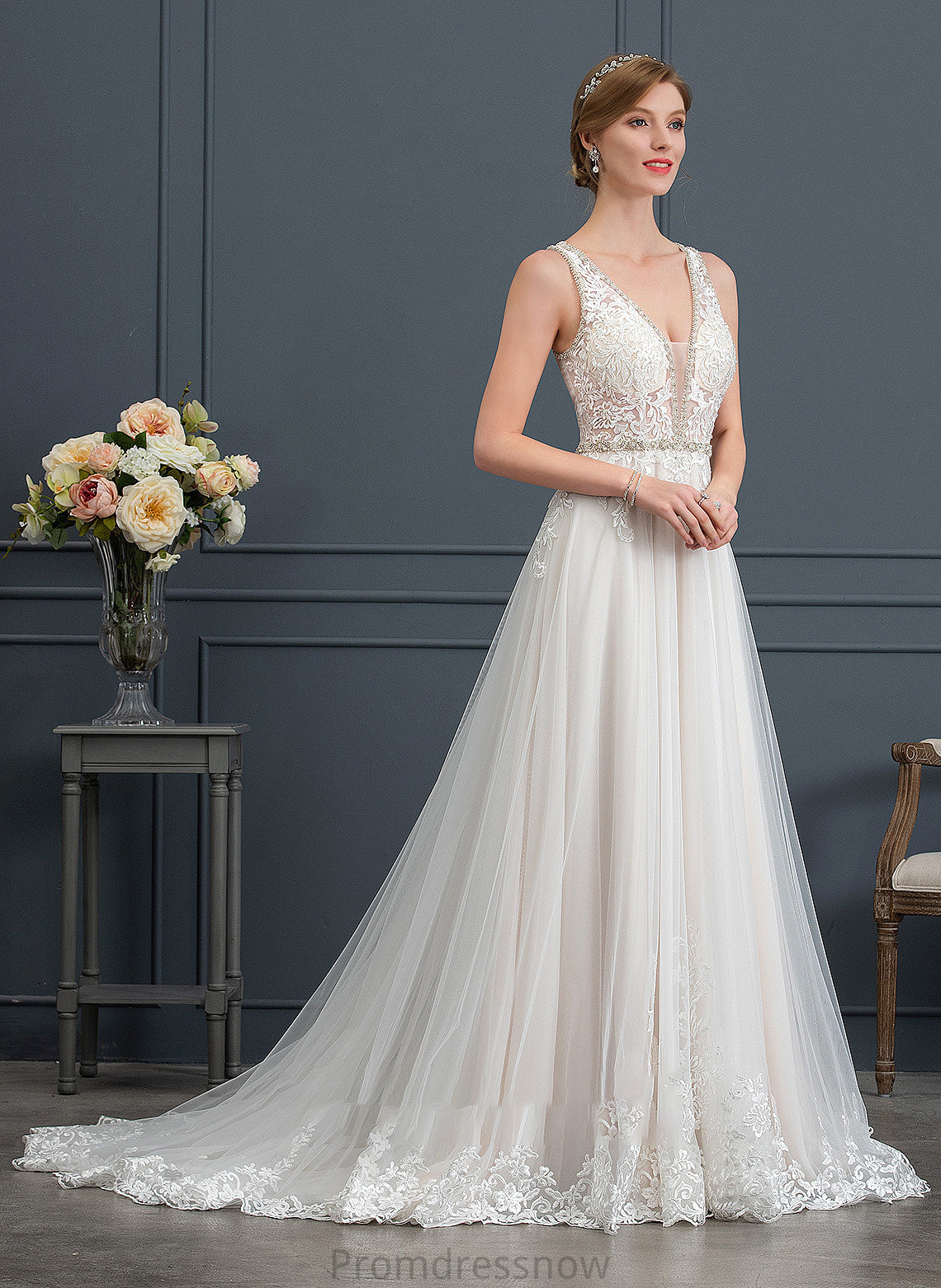 With Court Beading Tulle Wedding Wedding Dresses V-neck Train Dress Ball-Gown/Princess Stephany Sequins