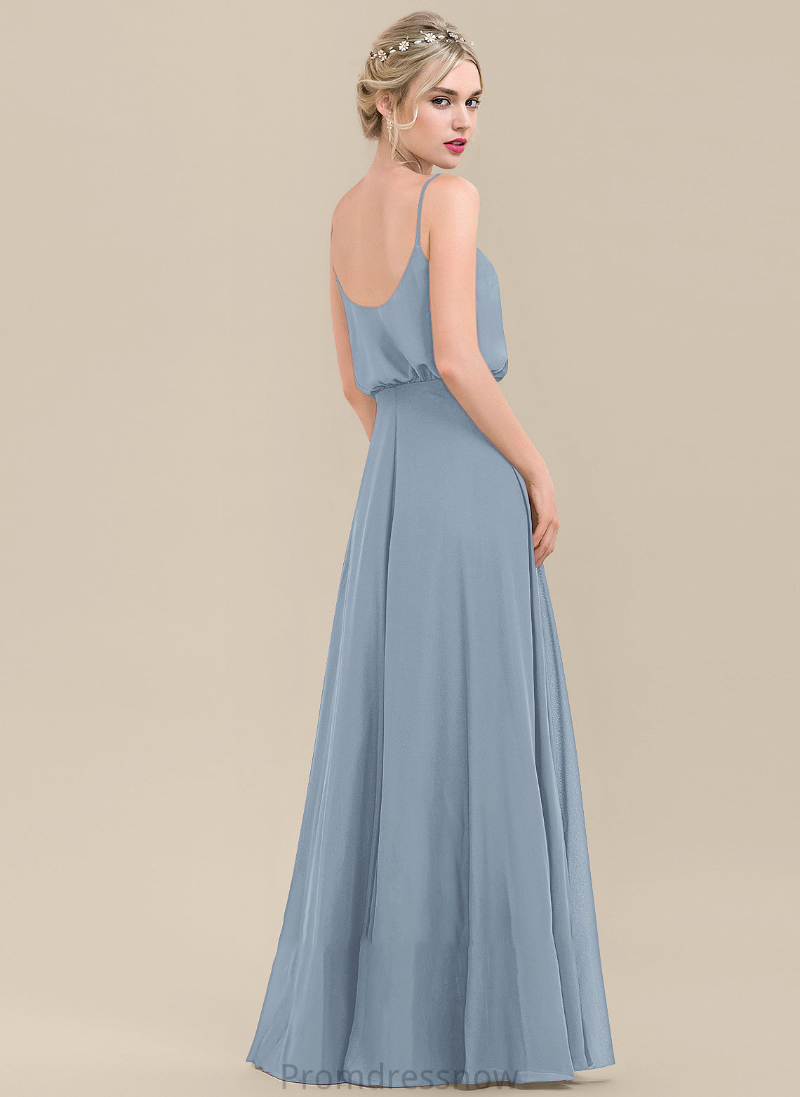 Silhouette Floor-Length Neckline Fabric SquareNeckline Length A-Line SplitFront Embellishment Abigail Spaghetti Staps Natural Waist Bridesmaid Dresses