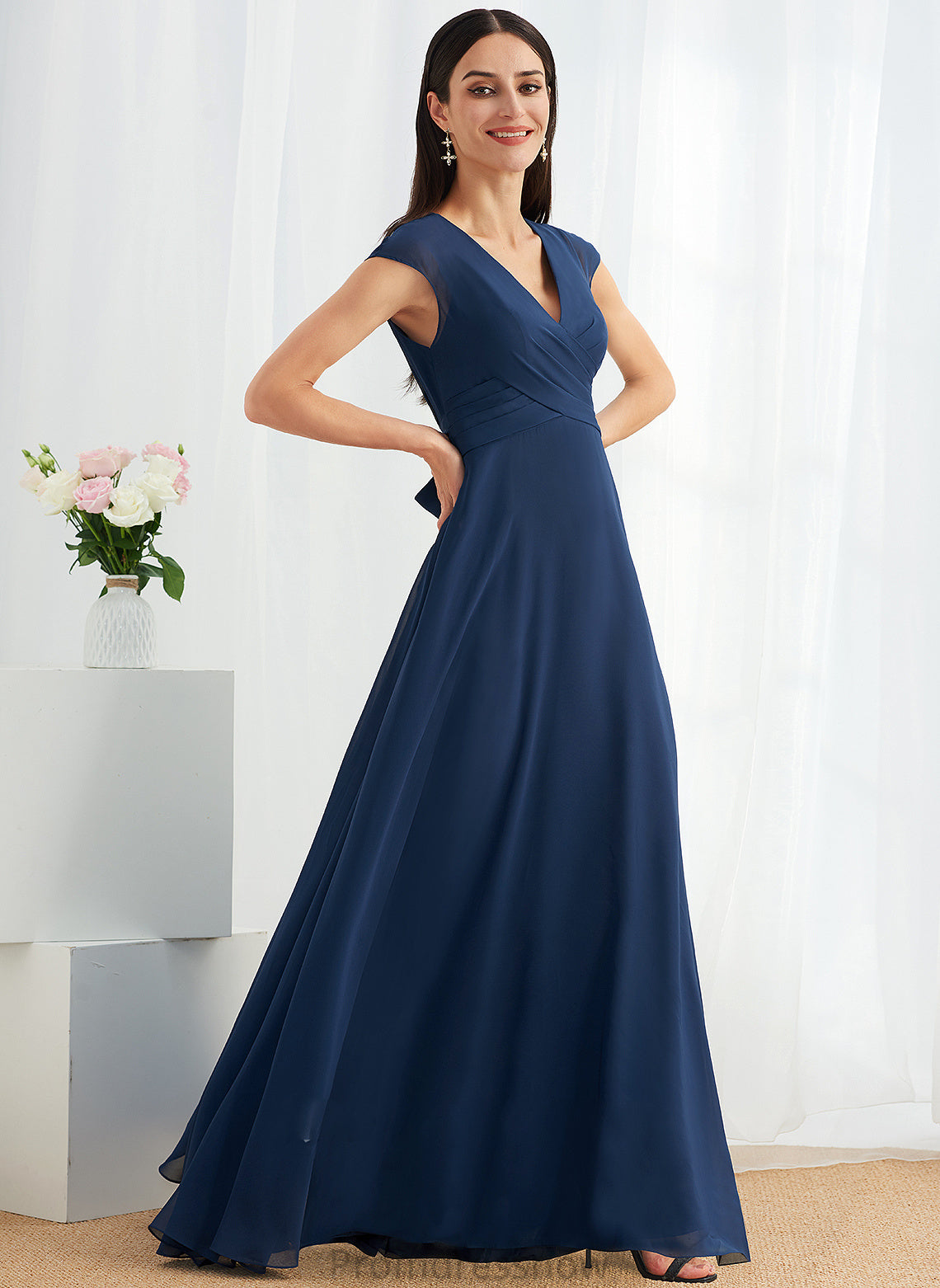 Floor-Length Neckline Embellishment Ruffle Fabric V-neck Silhouette Length A-Line Genesis V-Neck Natural Waist Bridesmaid Dresses