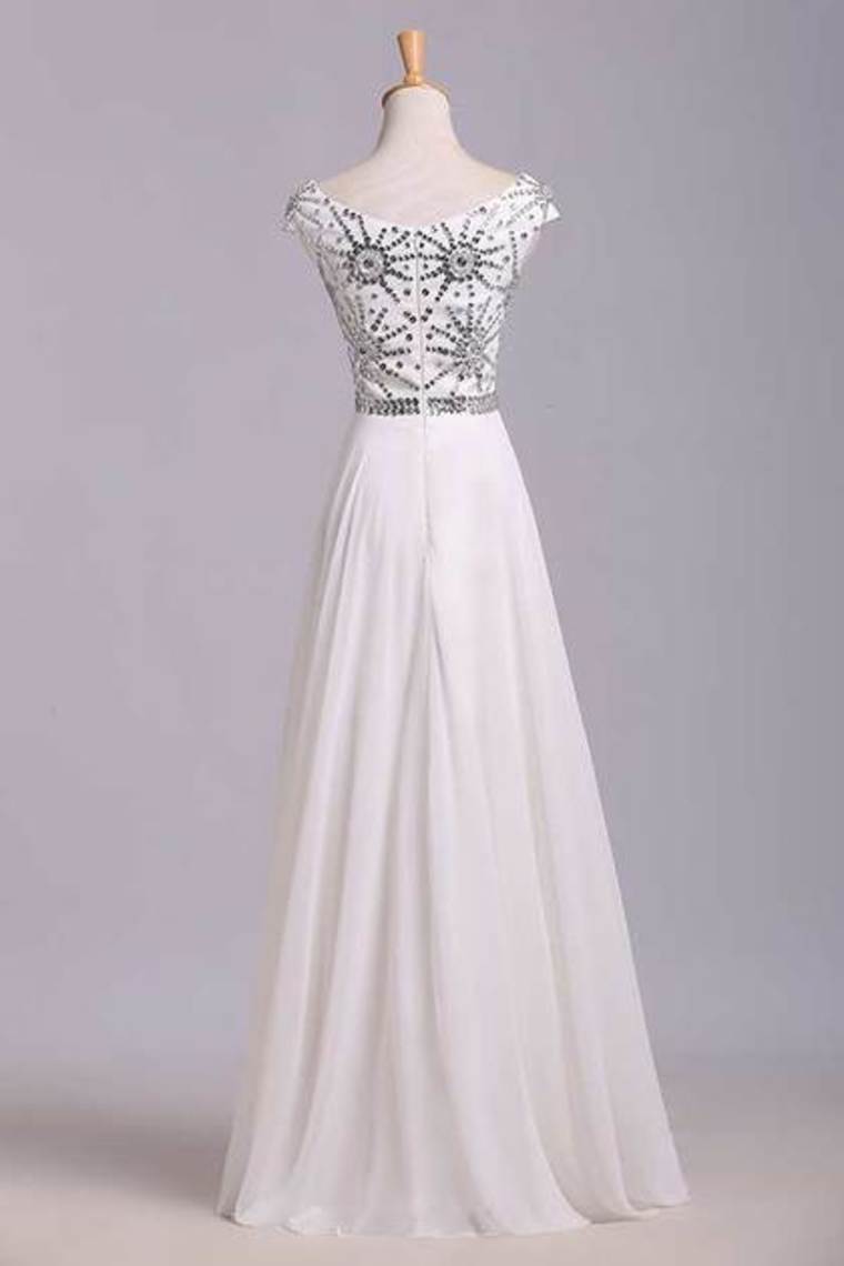 Flamboyant A Line High Scoop Neck Floor Length Ivory Chiffon Beading Dress