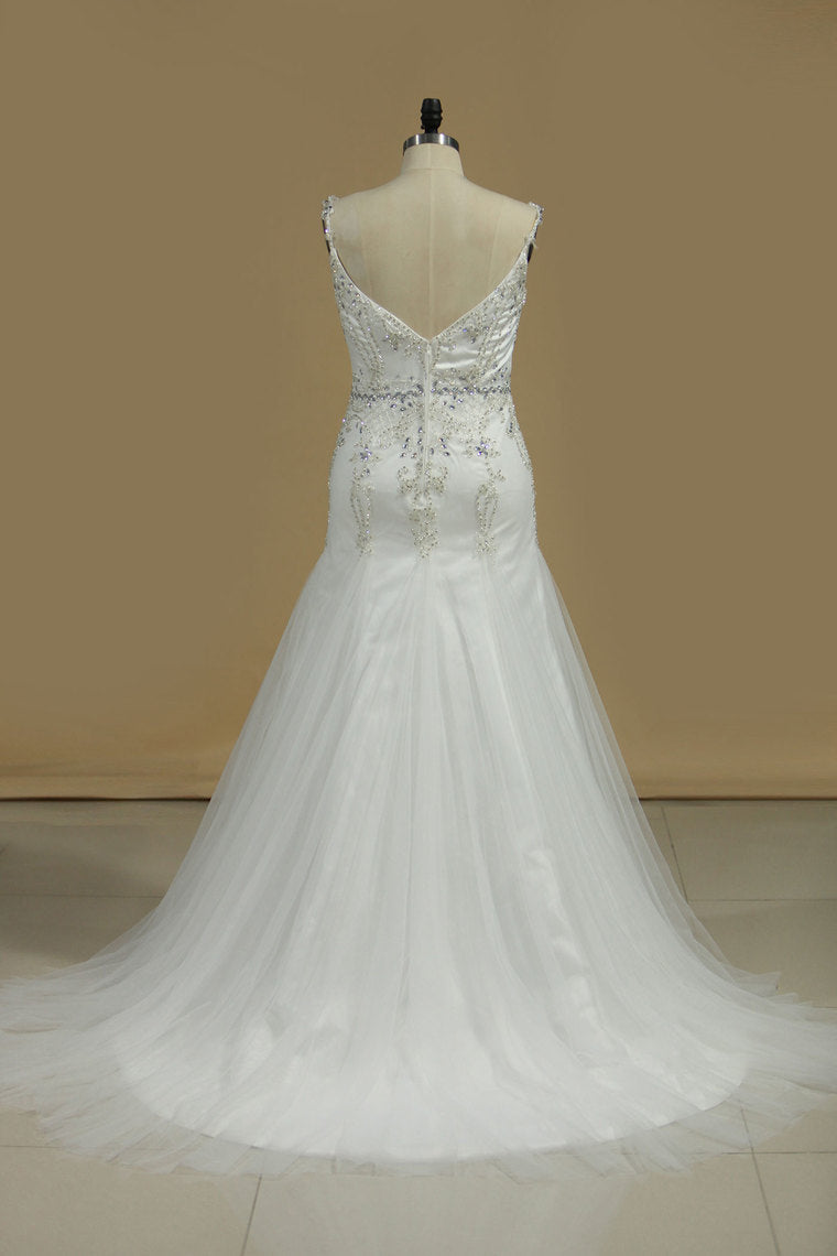 2024 A Line Wedding Dresses Spaghetti Straps Beaded Bodice Tulle