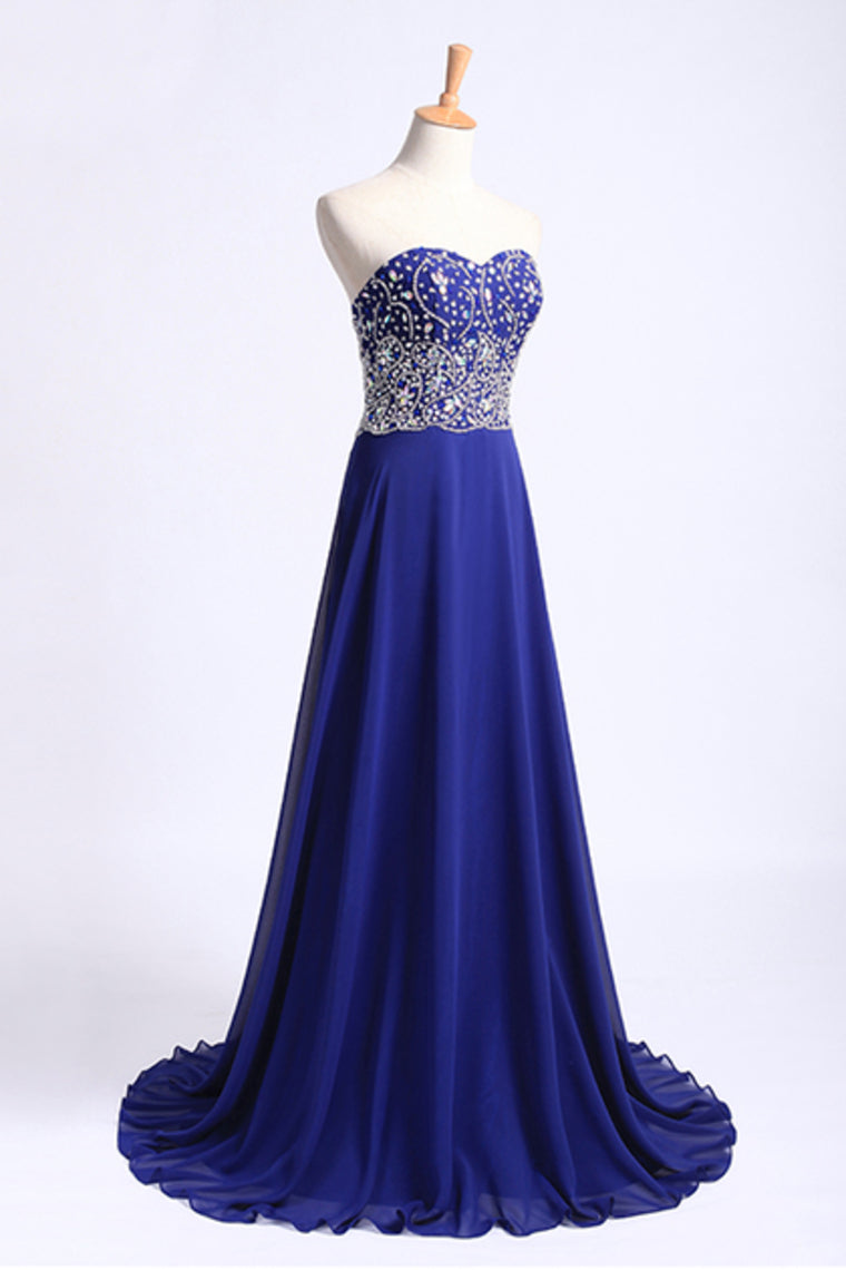 2024 Dark Royal Blue Prom Dress Sweetheart Beaded Bodice A Line Chiffon