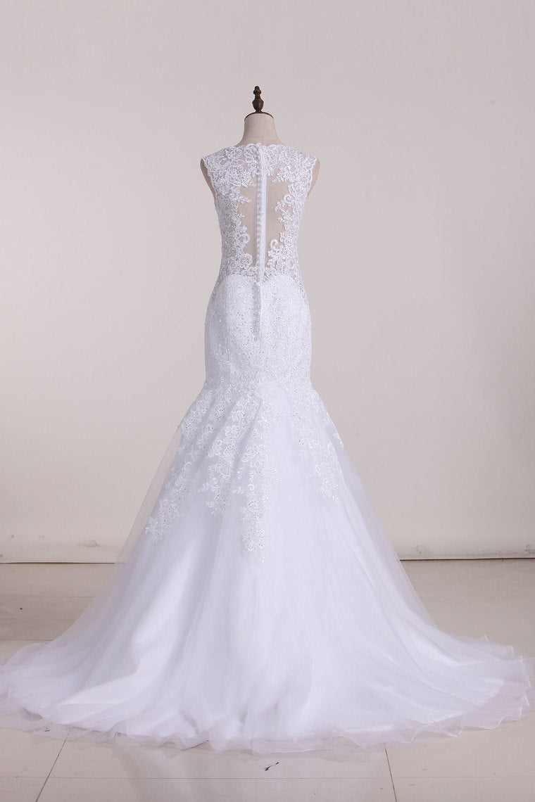 2024 Tulle Wedding Dresses V Neck With Applique Mermaid Chapel Train