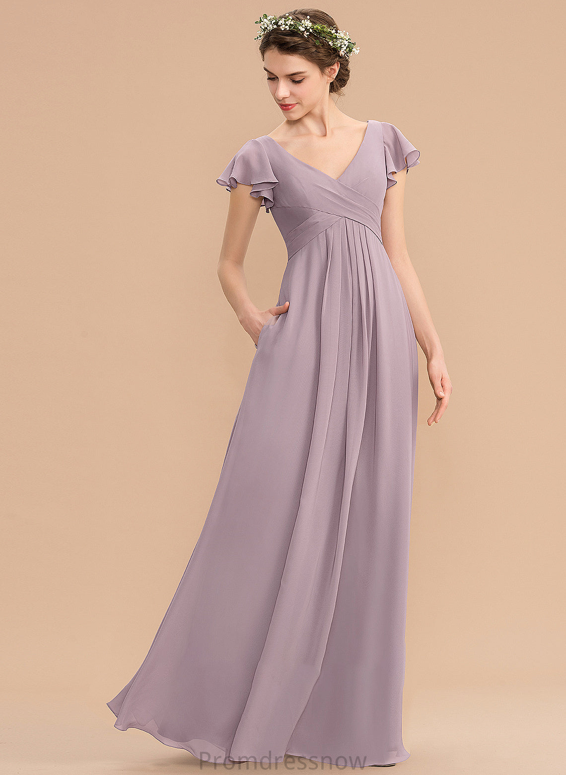 A-Line CascadingRuffles Pockets Neckline Silhouette Fabric Length V-neck Embellishment Floor-Length Kenzie A-Line/Princess Bridesmaid Dresses