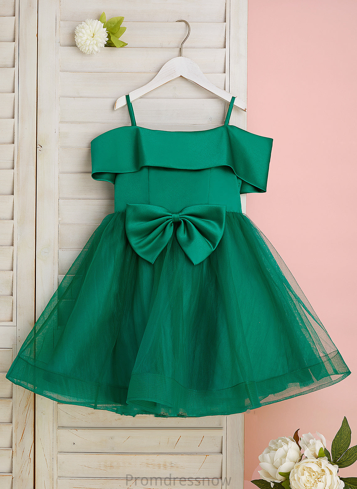 Sleeveless Satin/Tulle A-Line Girl Off-the-Shoulder Dress - Bow(s) With Flower Knee-length Andrea Flower Girl Dresses