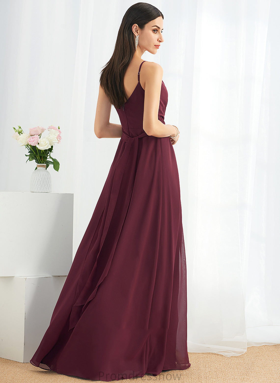 A-Line Embellishment SplitFront Fabric Floor-Length Silhouette V-neck Ruffle Length Neckline Talia V-Neck Bridesmaid Dresses