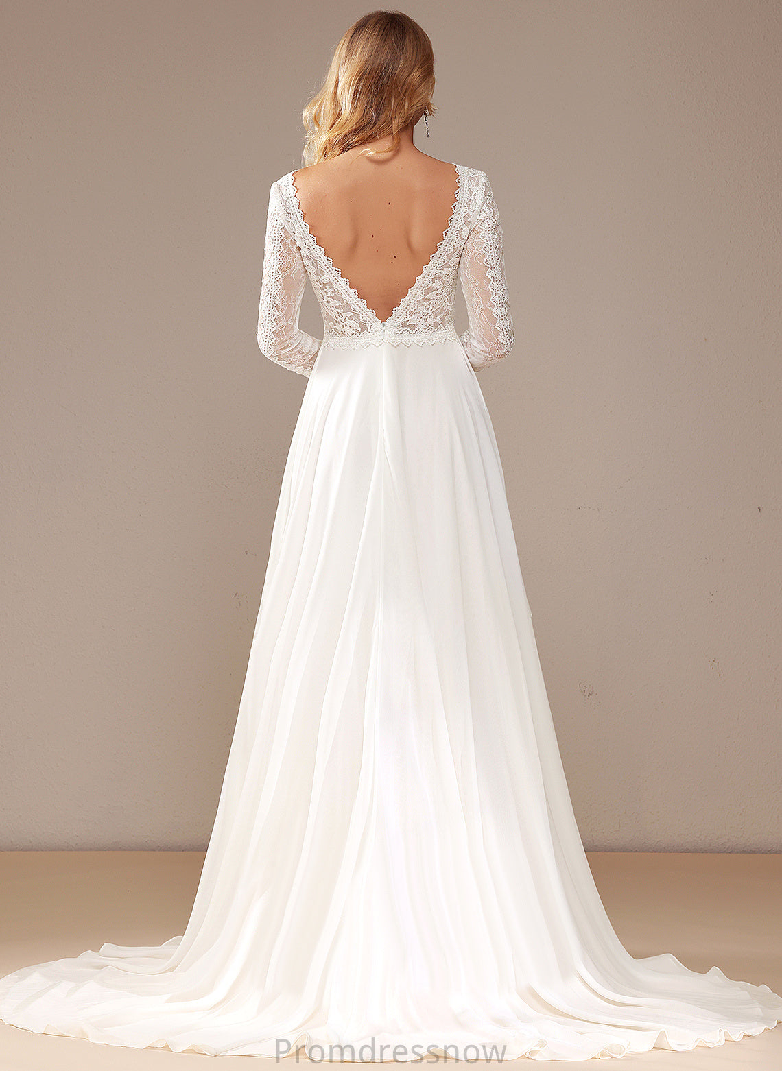 With Train A-Line Chiffon Ruffle Court Wedding Dress Lace V-neck Lace Anna Wedding Dresses