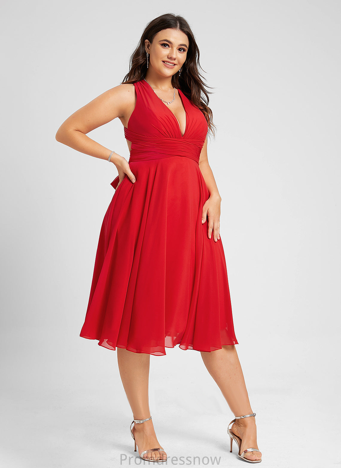 With Chiffon Knee-Length Dress Mara Bow(s) Ruffle Cocktail A-Line V-neck Cocktail Dresses