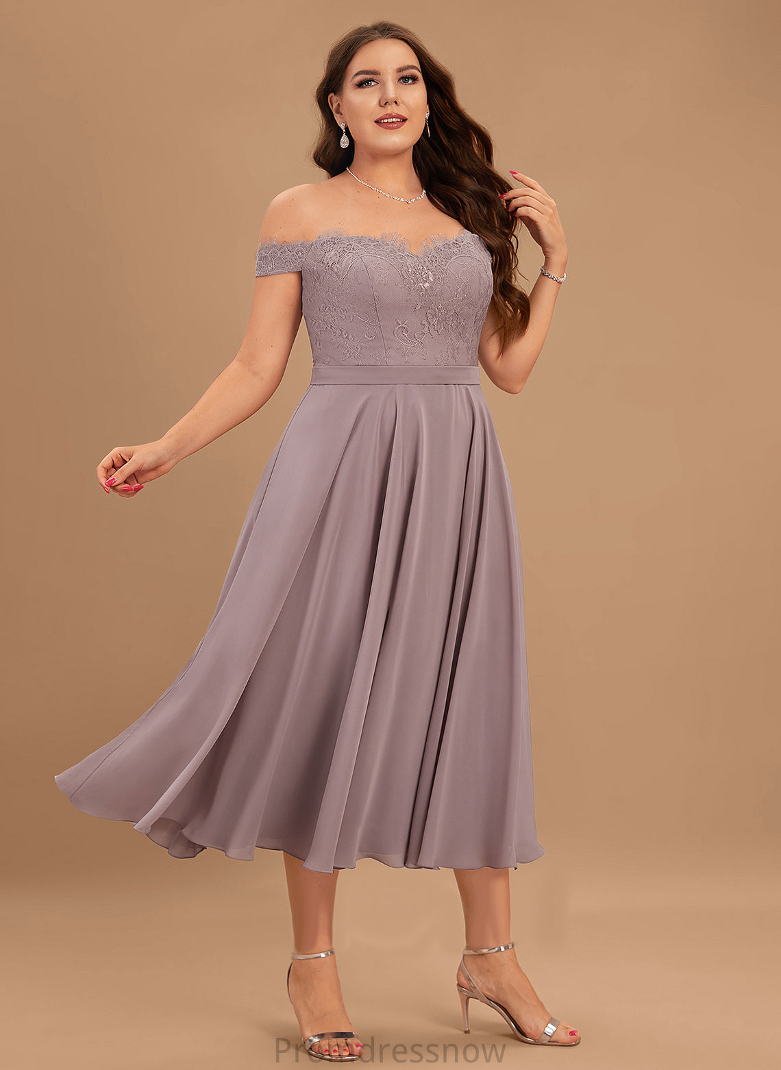 With A-Line Lace Tea-Length Beading Jemima Off-the-Shoulder Cocktail Dresses Cocktail Dress Chiffon