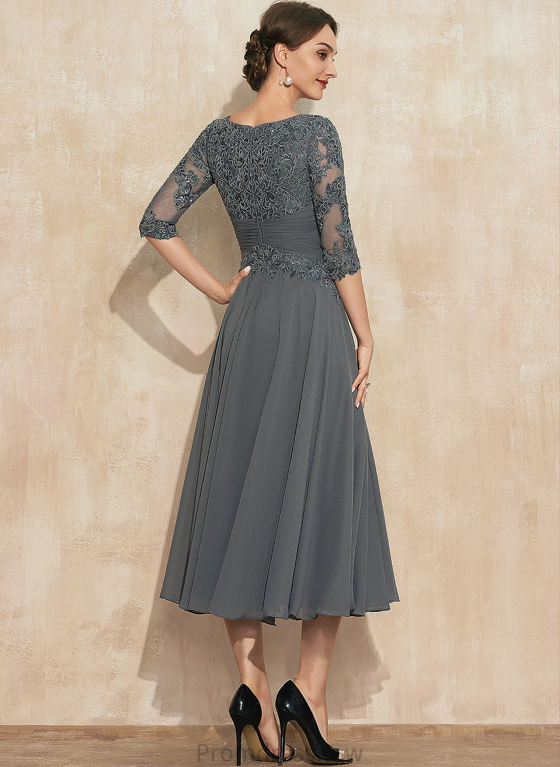 With Scoop A-Line Neck of Tea-Length Marlee Bride Lace Sequins Chiffon Dress the Mother of the Bride Dresses Mother