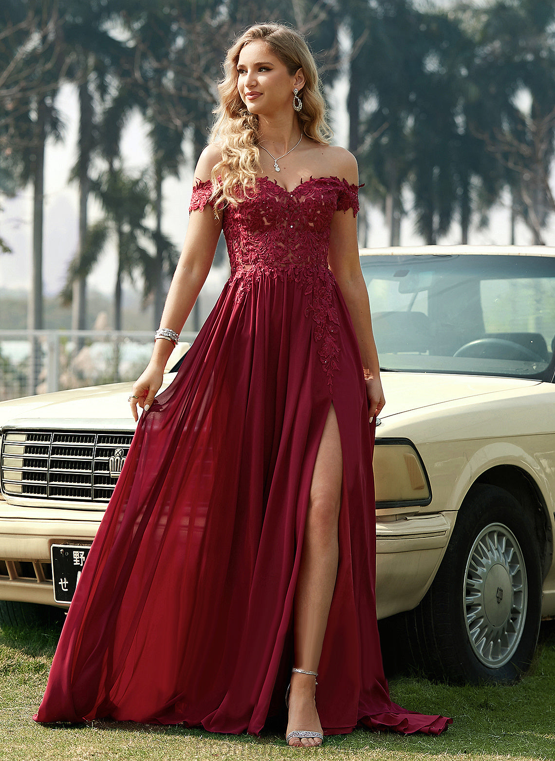 With Sequins Train Off-the-Shoulder Sweep A-Line Prom Dresses Chiffon Karissa