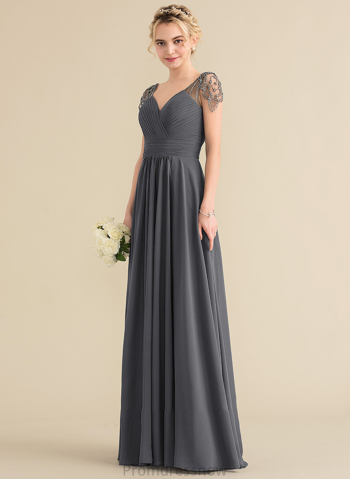 Floor-Length V-neck Beading Fabric Silhouette Sequins Embellishment Neckline A-Line Length Ruffle Lyric Bridesmaid Dresses