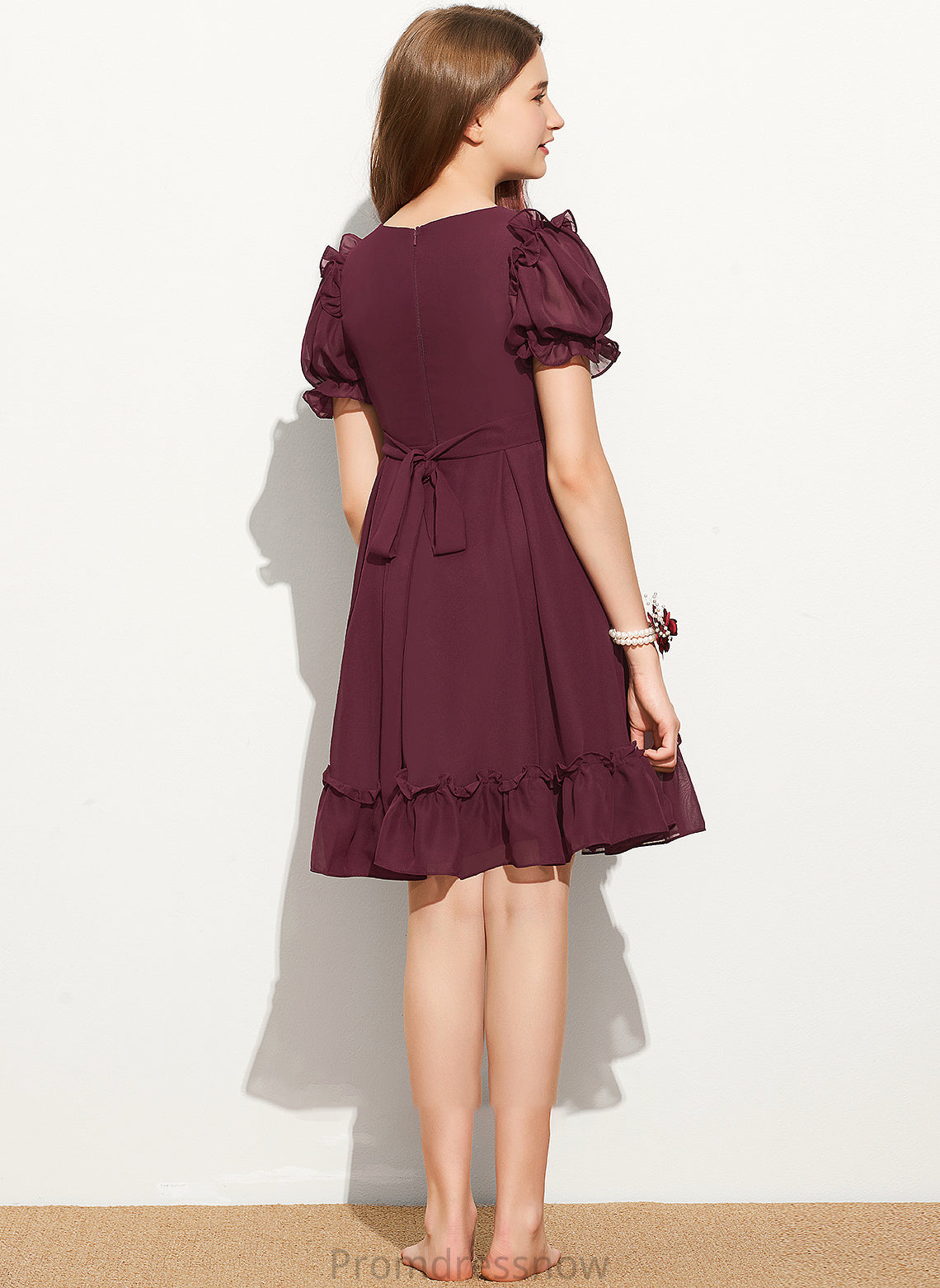 With Neck Paige A-Line Ruffles Knee-Length Junior Bridesmaid Dresses Chiffon Cascading Bow(s) Scoop