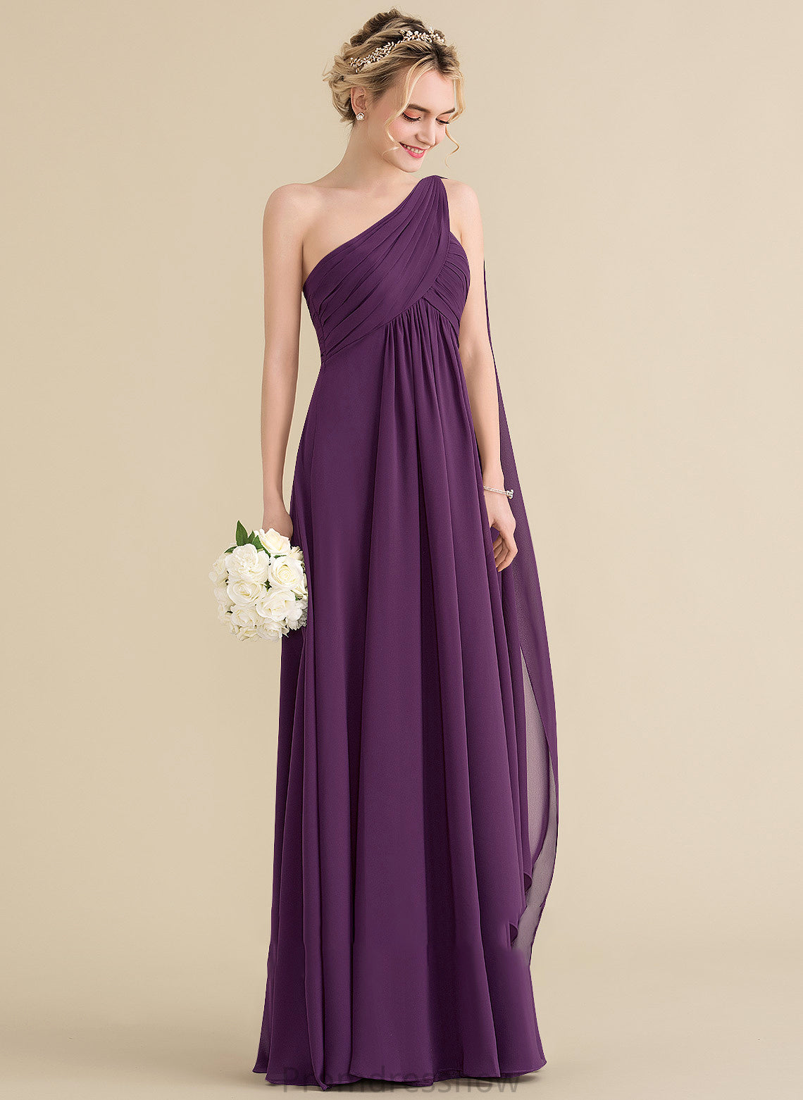 Silhouette Floor-Length Fabric One-Shoulder Length A-Line Neckline Ruffle Embellishment Alena Sleeveless Spaghetti Staps Bridesmaid Dresses