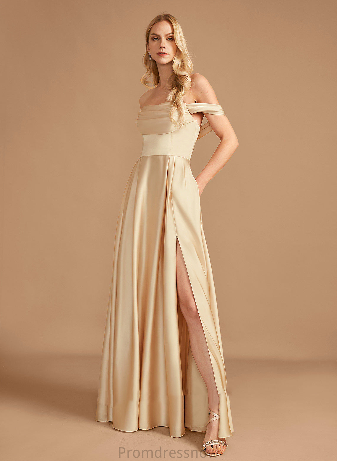 Neckline SplitFront A-Line Floor-Length Fabric Silhouette Length Pockets Off-the-Shoulder Embellishment Brianna Sleeveless Bridesmaid Dresses