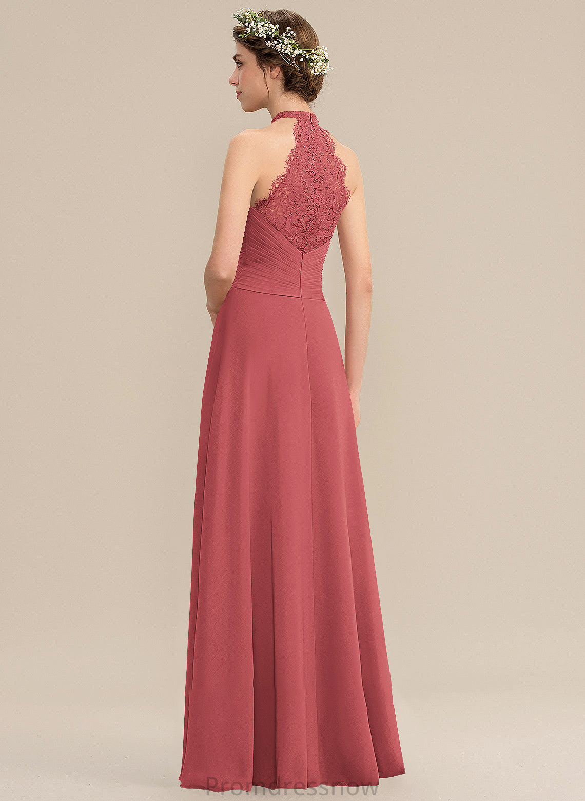 Floor-Length Fabric Ruffle SplitFront HighNeck Length Silhouette Neckline A-Line Embellishment Crystal Knee Length Bridesmaid Dresses