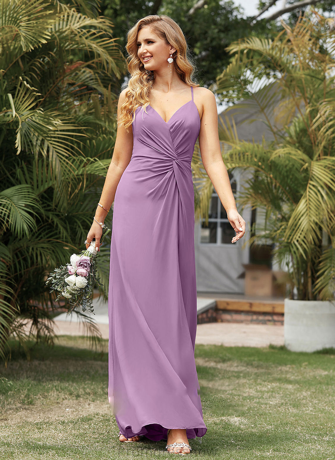 Floor-Length Embellishment Silhouette Length Neckline Fabric Ruffle A-Line SplitFront V-neck Diana Floor Length Bridesmaid Dresses