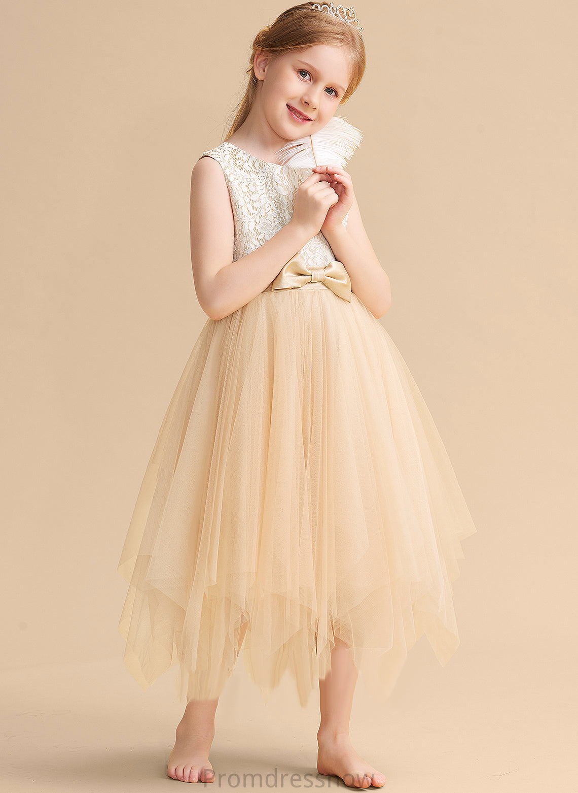 Dress Lace/Bow(s) With Flower Flower Girl Dresses - Neck Scalloped Tulle Sleeveless Girl Mckenna Tea-length A-Line