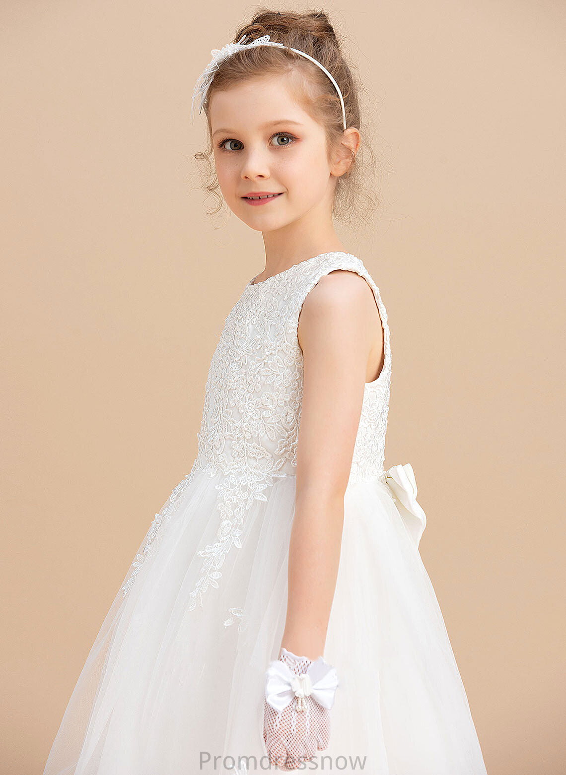 Tea-length Satin/Tulle Sleeveless Flower Girl Dresses Dress Bow(s) Neck Scoop With - Sam A-Line Flower Girl