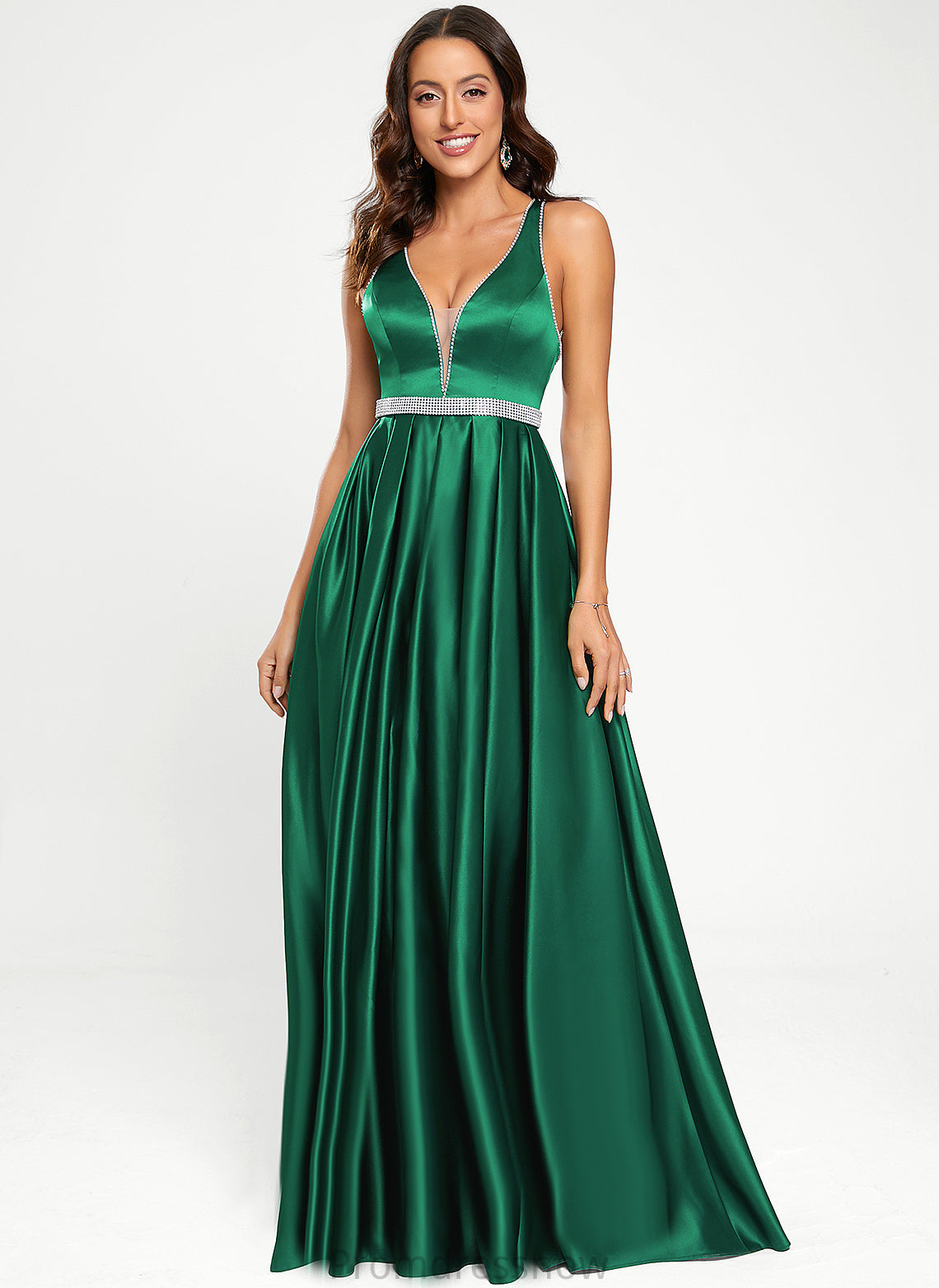 With Beading A-Line Floor-Length Prom Dresses V-neck Jazmin Satin