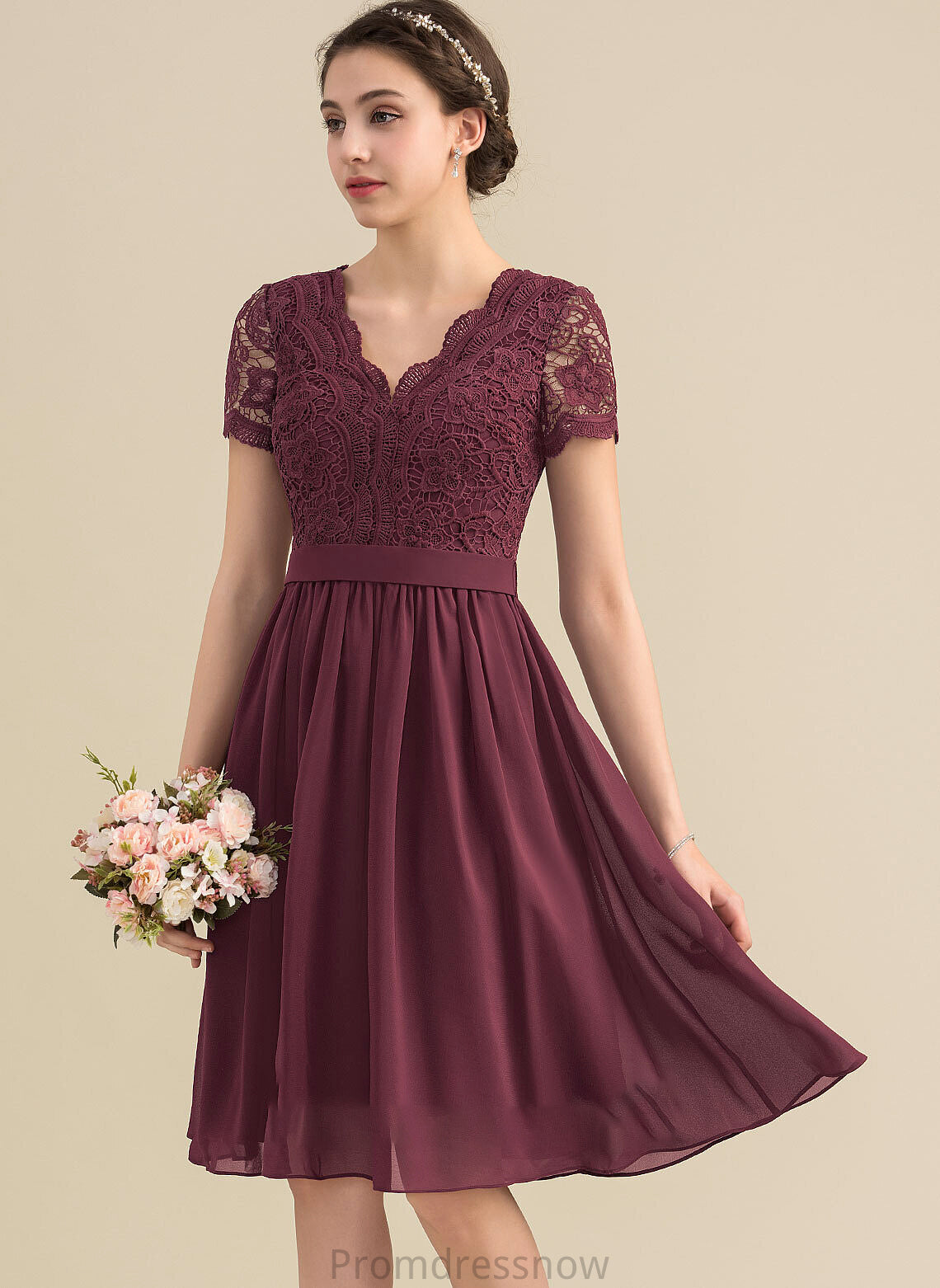 Length Straps Fabric Neckline Silhouette Lace V-neck A-Line Knee-Length Angela Natural Waist Floor Length Bridesmaid Dresses