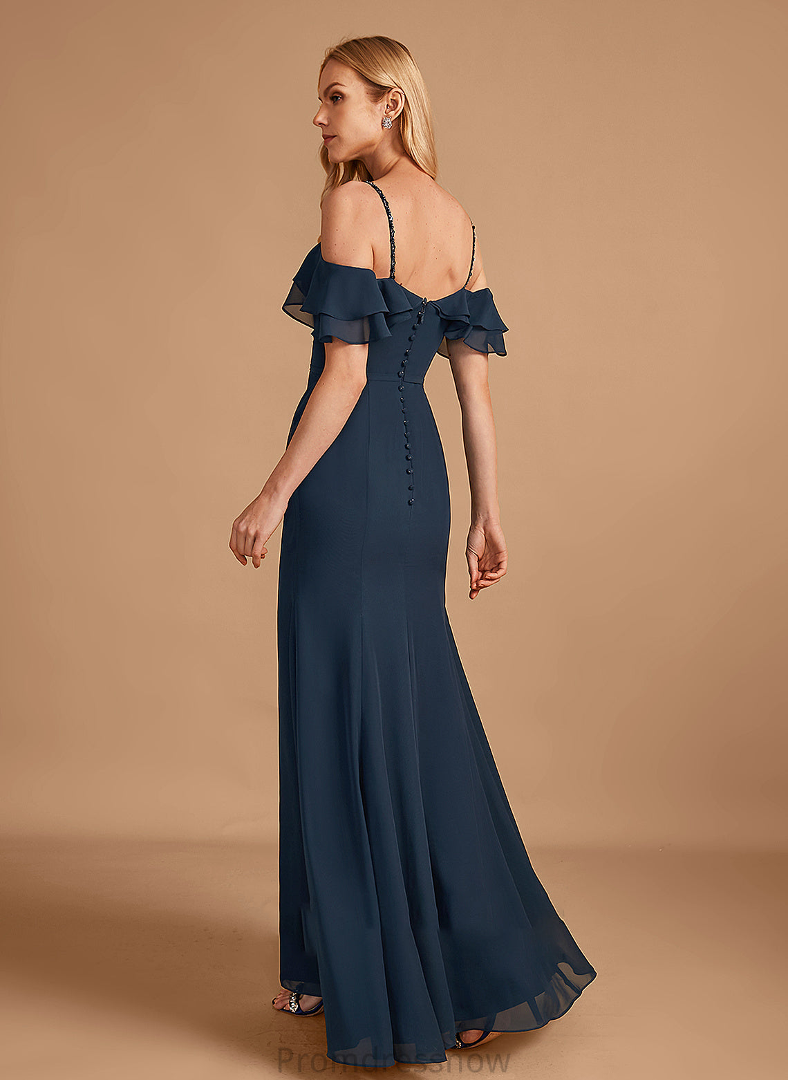 Silhouette Fabric Sheath/Column Embellishment Beading Floor-Length Off-the-Shoulder Neckline Length Ruffle Kinsley V-Neck Bridesmaid Dresses